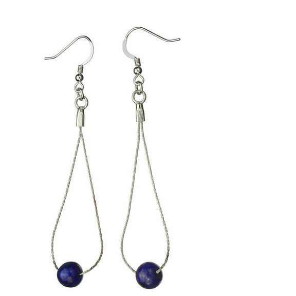 Blue Lapis Stone Beads Teardrop Loop Sterling Silver Chain Earrings