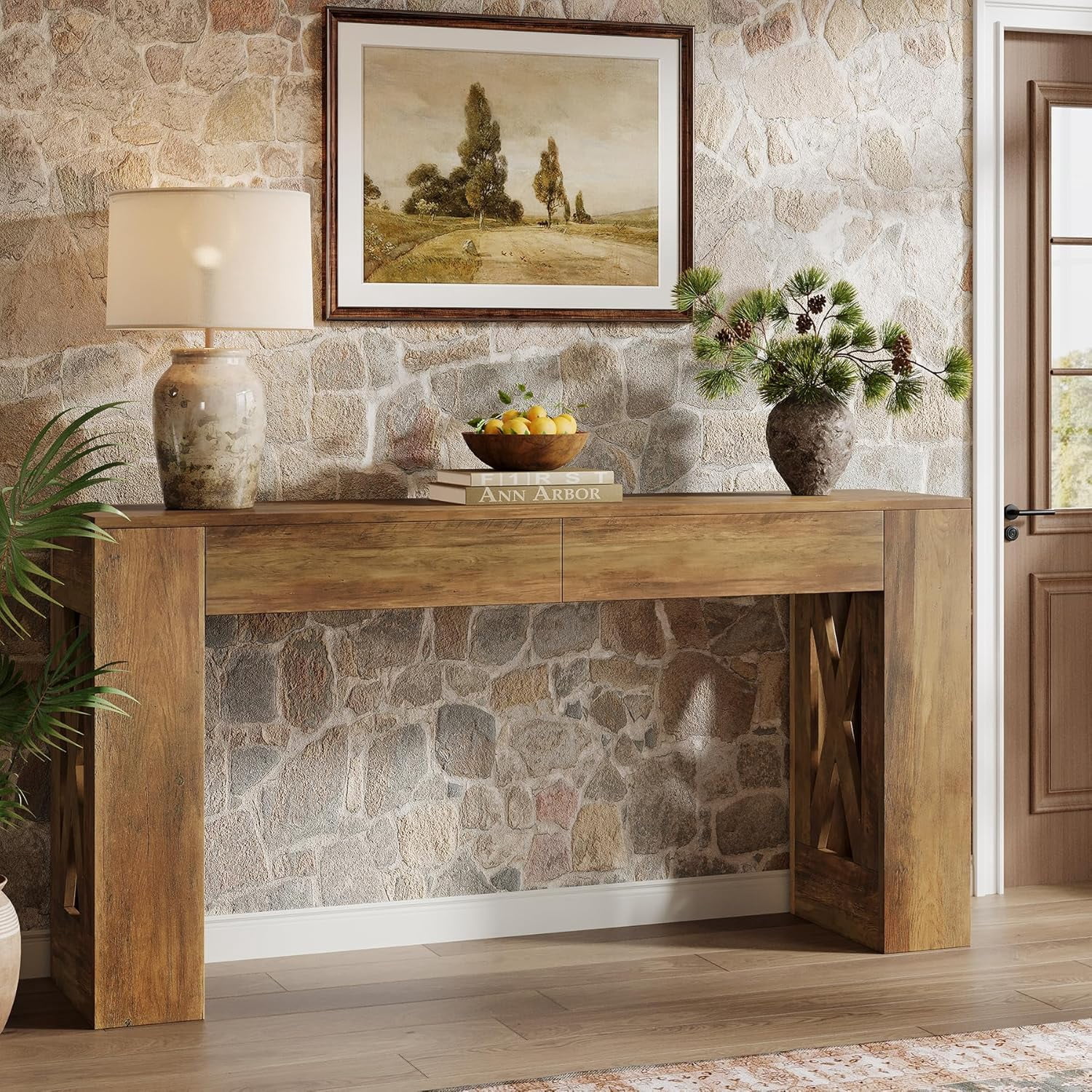 Tribesigns 63-Inch Long Console Table, Farmhouse Entryway Table with 2 Drawers and X-Shaped Legs for Entrance, Warm Brown