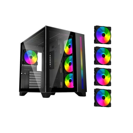 DIYPC ARGB-Q10-BK Black USB3.0 ATX Mid Tower Gaming Computer Case w/ Frameless Dual Tempered Glass Panel and 4 x ARGB 120mm Fans (Pre-Installed), Support 360mm AIO