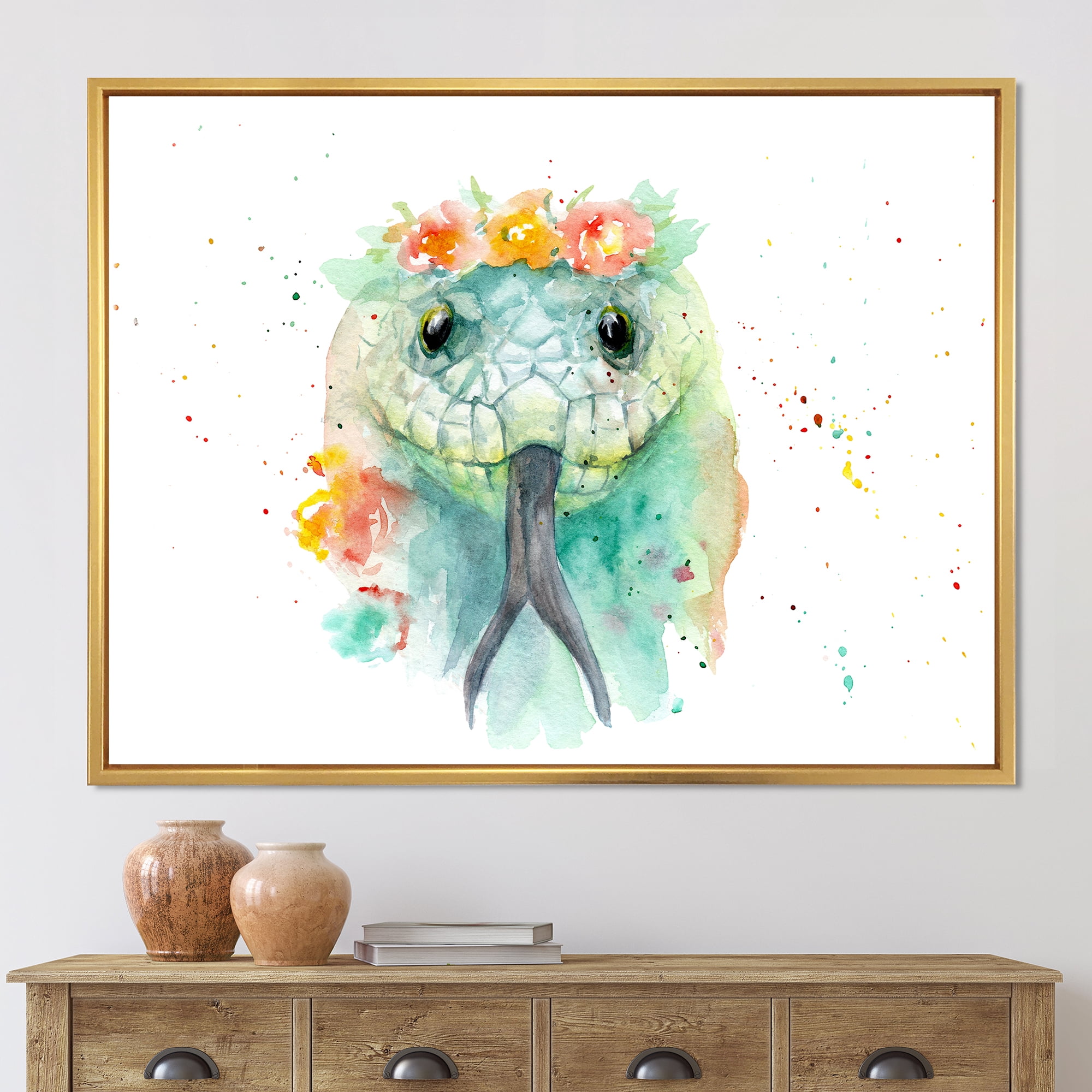 Designart 'Portrait A Green Snake In Flowers' Farmhouse Framed Canvas Wall Art Print