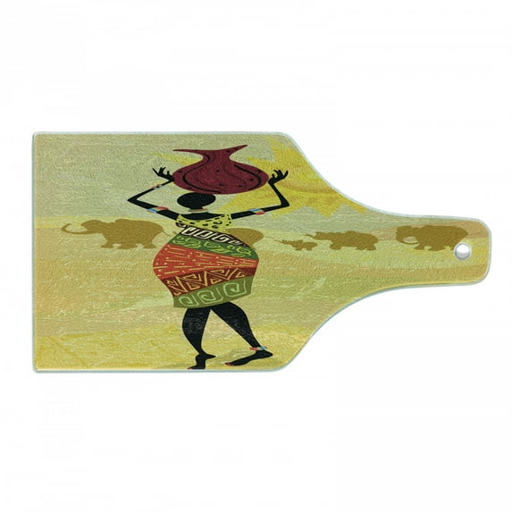 African Cutting Board, Vintage Landscape Local Woman Elephants Sun Hand Writing, Decorative Tempered Glass Cutting and Serving Board, Wine Bottle Shape, Multicolor, by Ambesonne