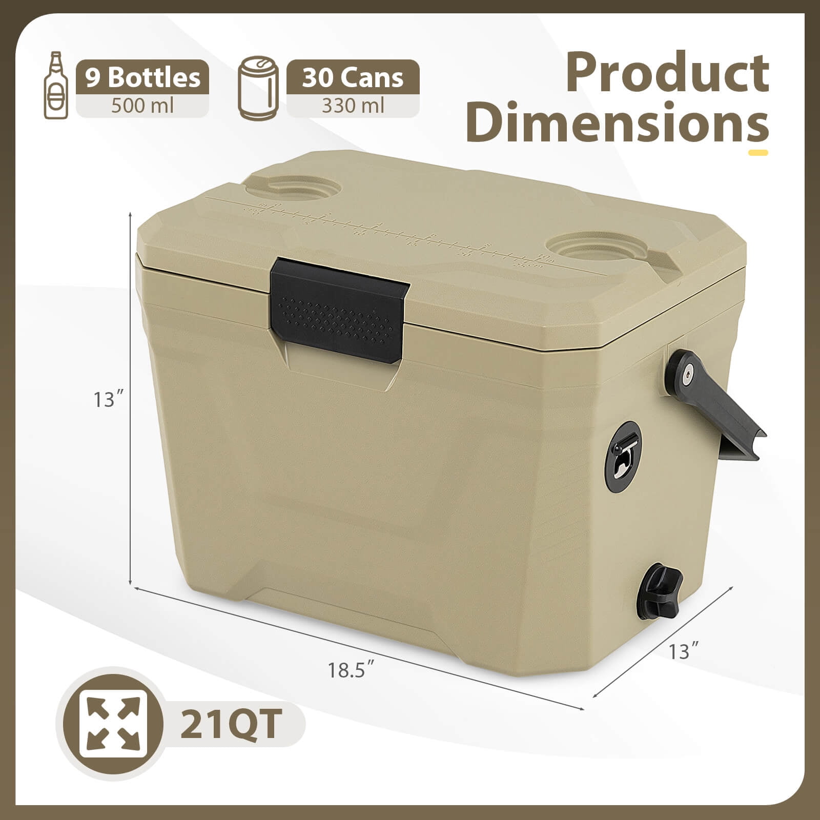 Costway 21 QT Insulated Portable Cooler, Hard Shell Ice Chest with 2 Cup Holders Tan
