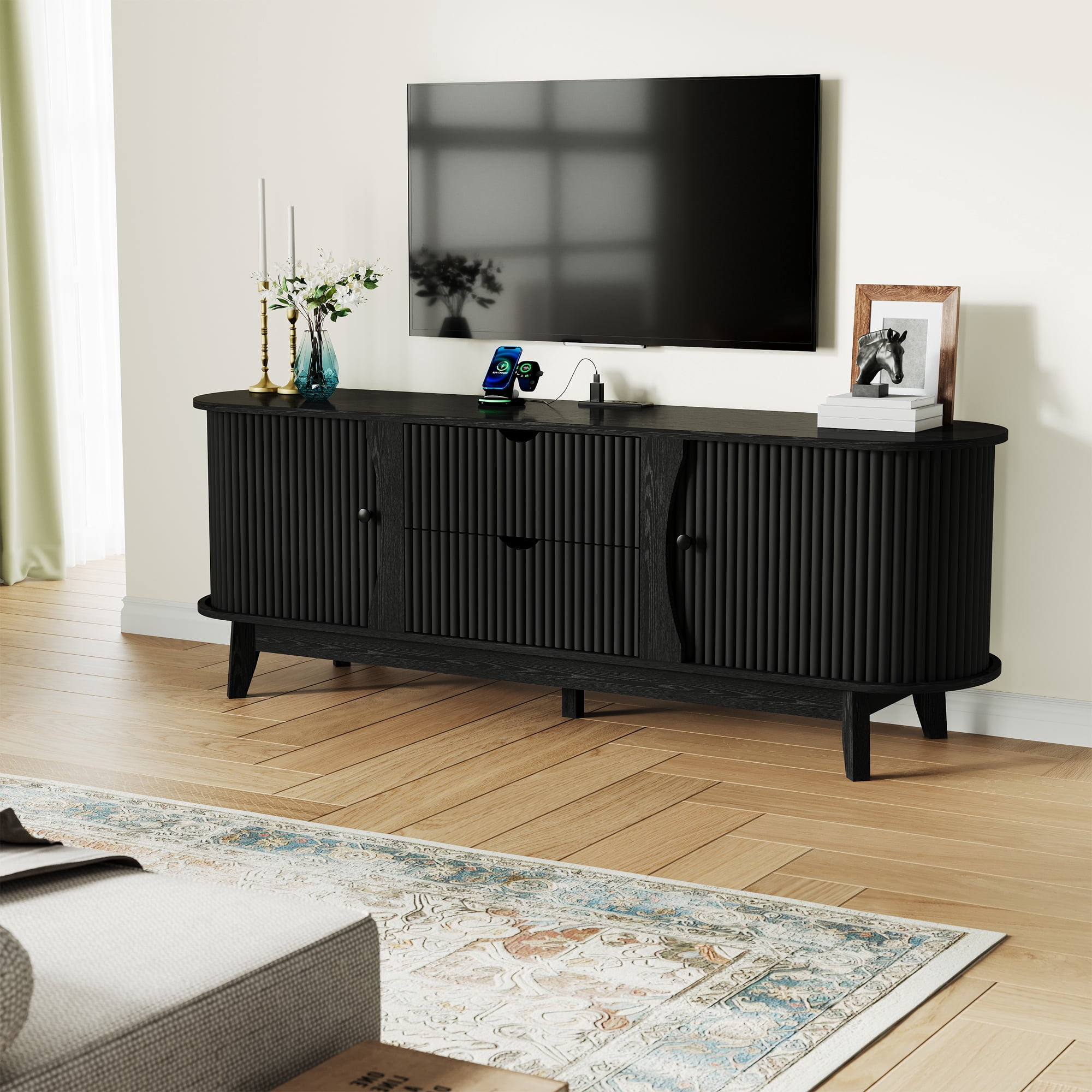 Garvee 63" Fluted TV Stand for TVs Up to 70 Inch, Modern Entertainment Center with Power Outlet, 2 Drawers, Side Cabinets with Adjustable Shelves, Curved Media Console Table for Living Room, Black