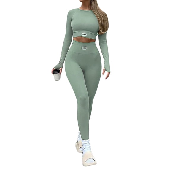 KOMOO 2Pcs Women Bodycon Tracksuit Outfits Crop Top Leggings Yoga Sets Elastic Sweatsuit Suit Loungwear
