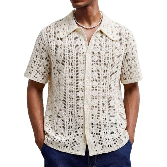 Men's Crochet Button Down Shirt Hollow Out Collared Short Sleeve Top Casual Knit Vacation Beach Shirt,M,White