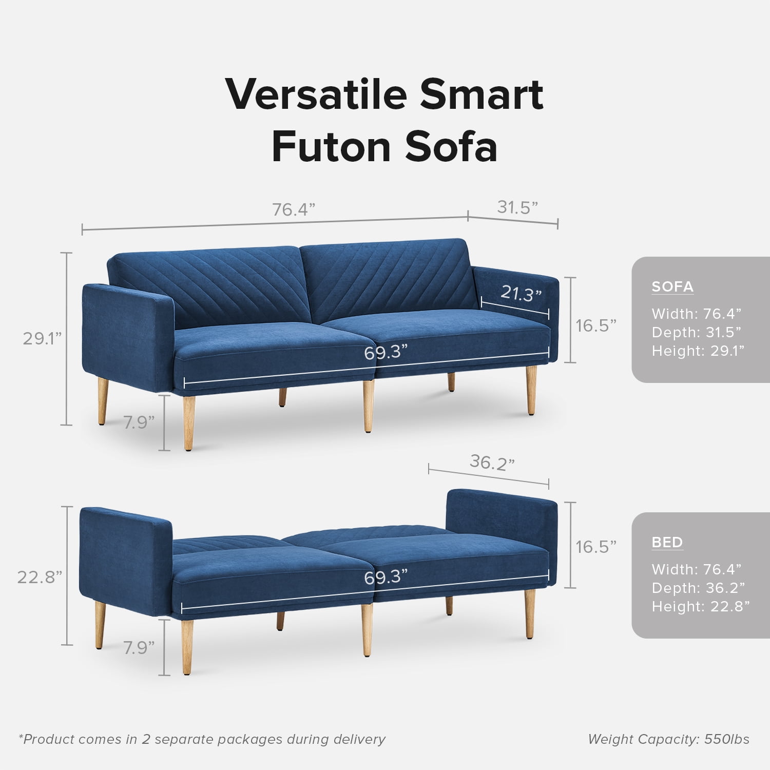 Mopio Chloe Futon Sofa Bed Convertible Sleeper Sofa with Tapered Legs Classic Blue