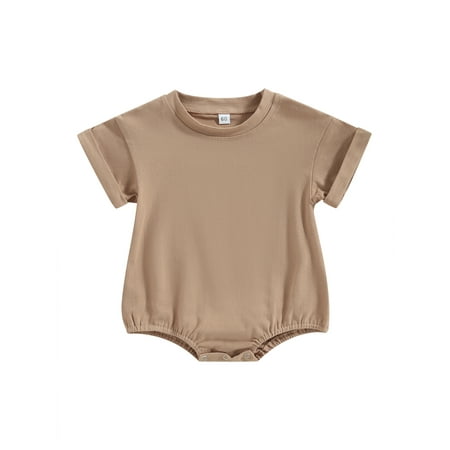 

AEEMCEM Unisex Baby Boy Girl Solid Color Short Sleeve Bubble Romper Oversized T-Shirt Romper Bodysuit Top Summer Clothes (A-Beige 0-6 Months)