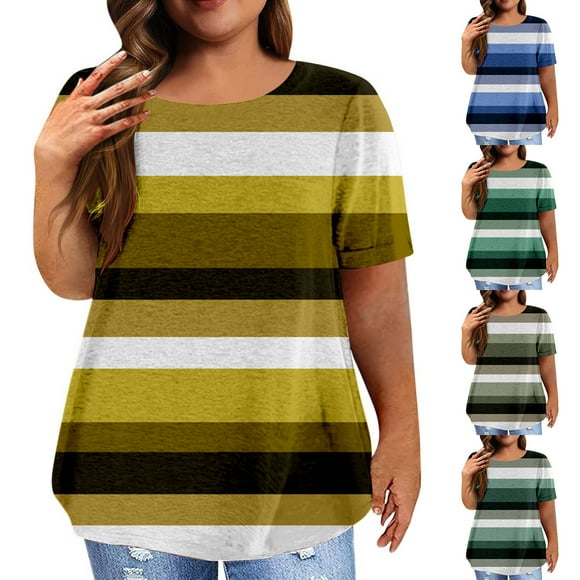 breaise Womens Short Sleeve Tops Plus Size Stripe Shirts Loose Fit Crew Neck Shirts Casual Loose Summer Tee Shirts L-5XL