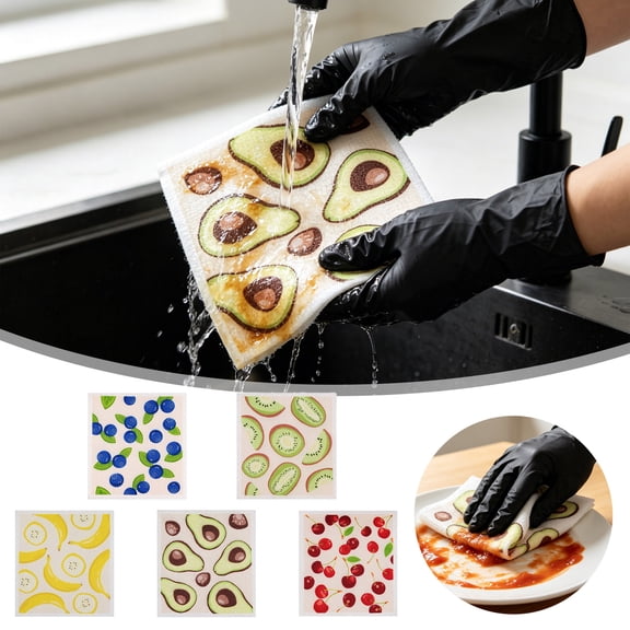 Set of 3 Fruit-Print Wood Pulp Cotton Dishcloths (Swedish Dishcloths), Reusable, Highly Absorbent Cleaning Cloths, Quick-Drying, Non-Scratch Dishcloths, Biodegradable,Blue