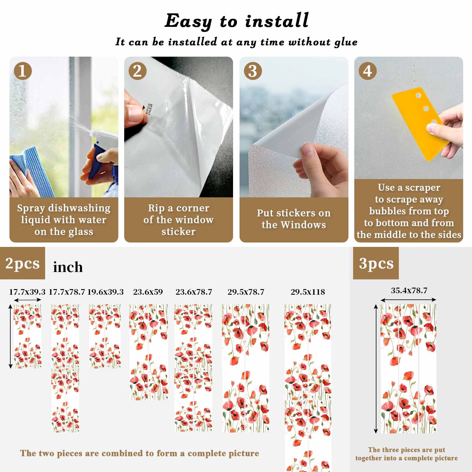 Spring Floral Window Privacy Film, Watercolor Red Wildflower Rustic Farmhouse Frosted Glass Window Clings Static Cling UV Heat Blocking Reusable Door Sticker for Bathroom 29.5 x 118 Inch