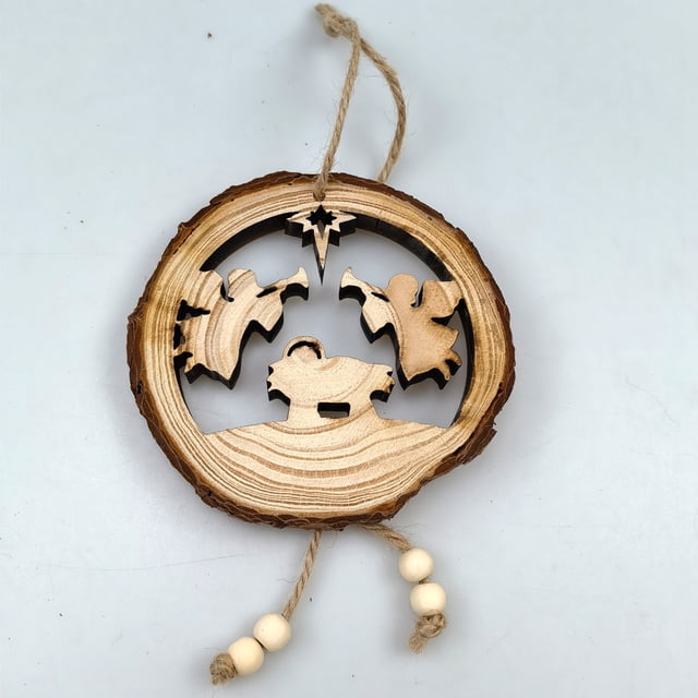 Madera navideña con cuero, colgantes redondos de madera tallada, artesanías de madera para el hogar, colgantes para árbol de Navidad