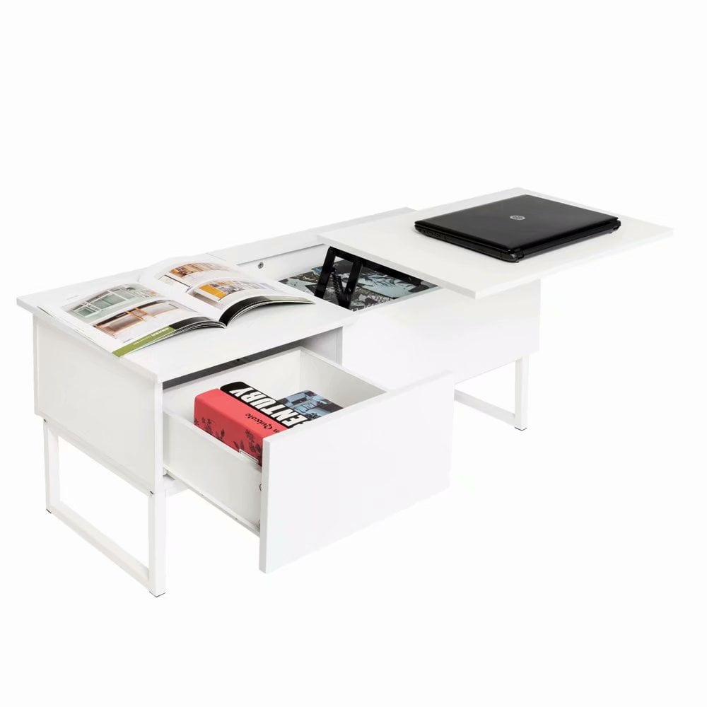 Modern Lift Top Coffee Table Compartment And Storage Drawer White