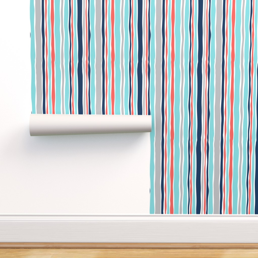 Peel-and-Stick Removable Wallpaper Nautical Stripe Boats Blue Red Aqua
