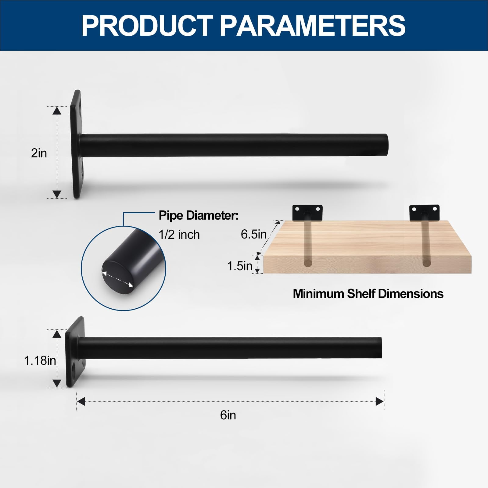 8 6" Black Solid Steel Floating Shelf Bracket Blind Supports - Brackets For Wood Shelves Concealed Support Screws And Wall Plugs Included