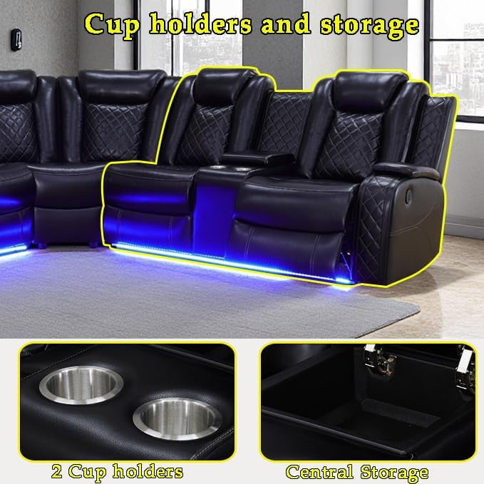 Gewnee Air Leather Oversize Power Recliner Sectional Sofa with Cup Holder for Living Room Office Theater