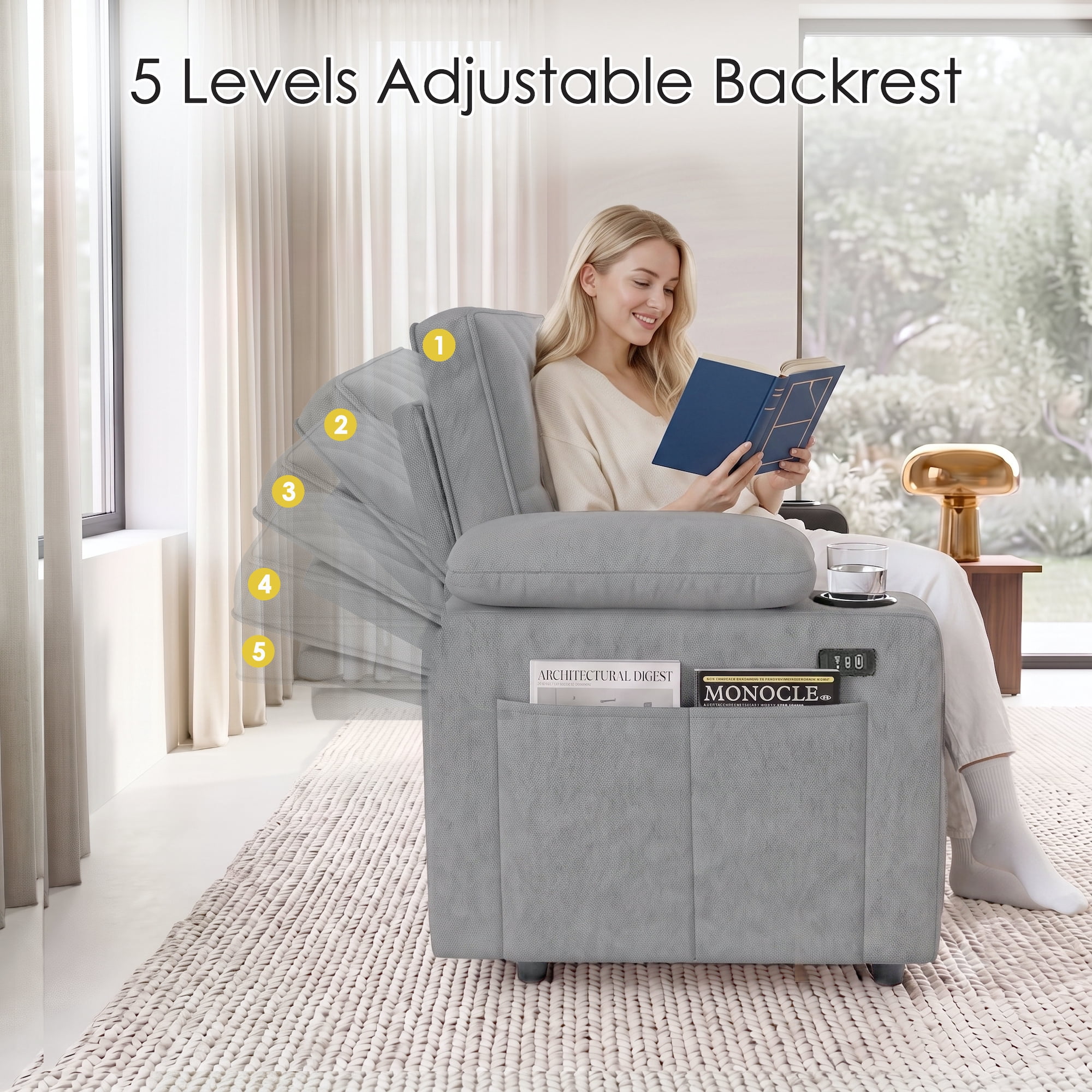 58" Sleeper Sofa Bed, Full Size Pull Out Couch, Towel Fabric Convertible Loveseat with USB Charging, Cup Holders, Adjustable Backrest & Side Pockets for Living Room, Apartment, Office (Light Gray)