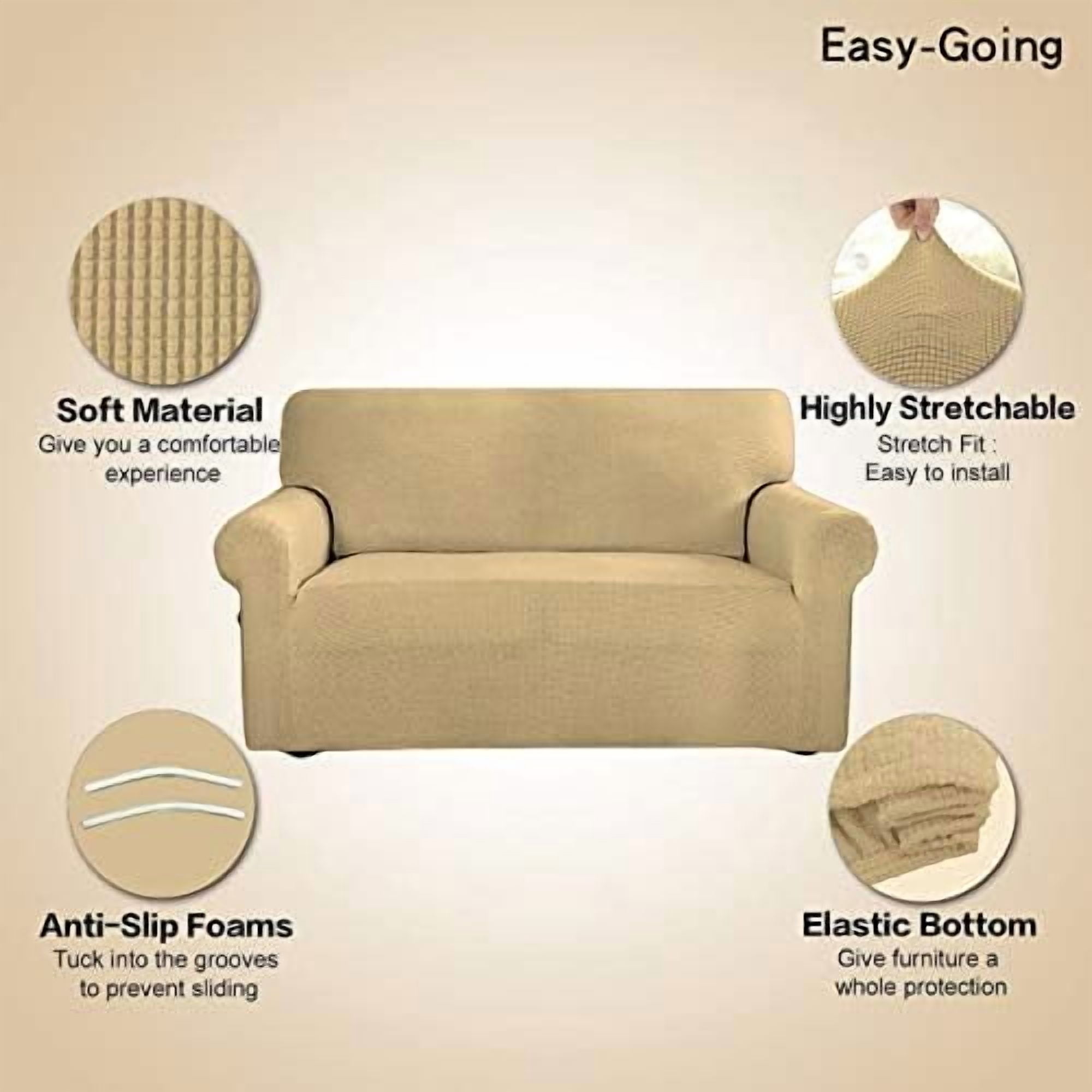 Stretch Sofa Slipcover 1-Piece Sofa Cover Furniture Protector Couch Soft with Elastic Bottom for Kids, Polyester Spandex Jacquard Fabric Small Checks (Sofa, Beige)