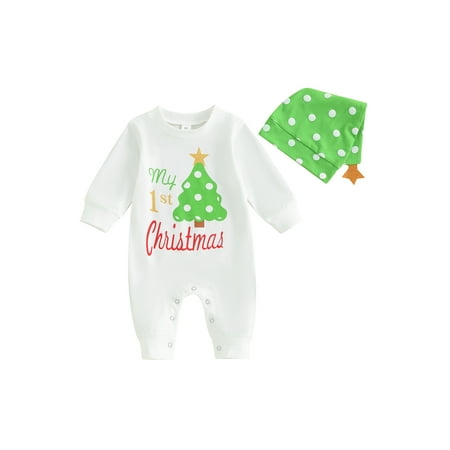 

Christmas Baby Outfit Long Sleeve Letters Tree Print Jumpsuit with Hat