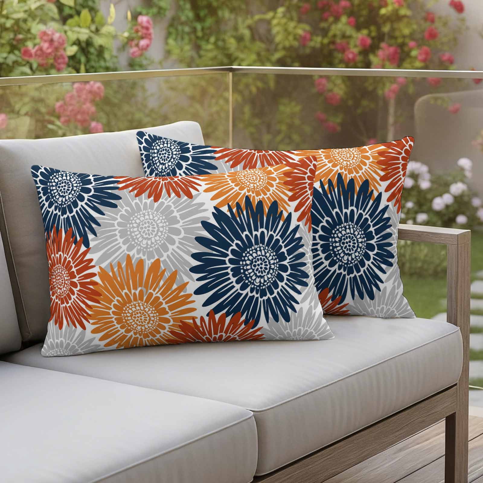 Orange Red Sunflowers Outdoor Waterproof Throw Pillow Covers 20x12 Set of 2, Boho Retro Floral Rustic Blossom Decorative Pillowcases Cushion Pillowcase for Couch Sofa Patio Outside Pillow Protector