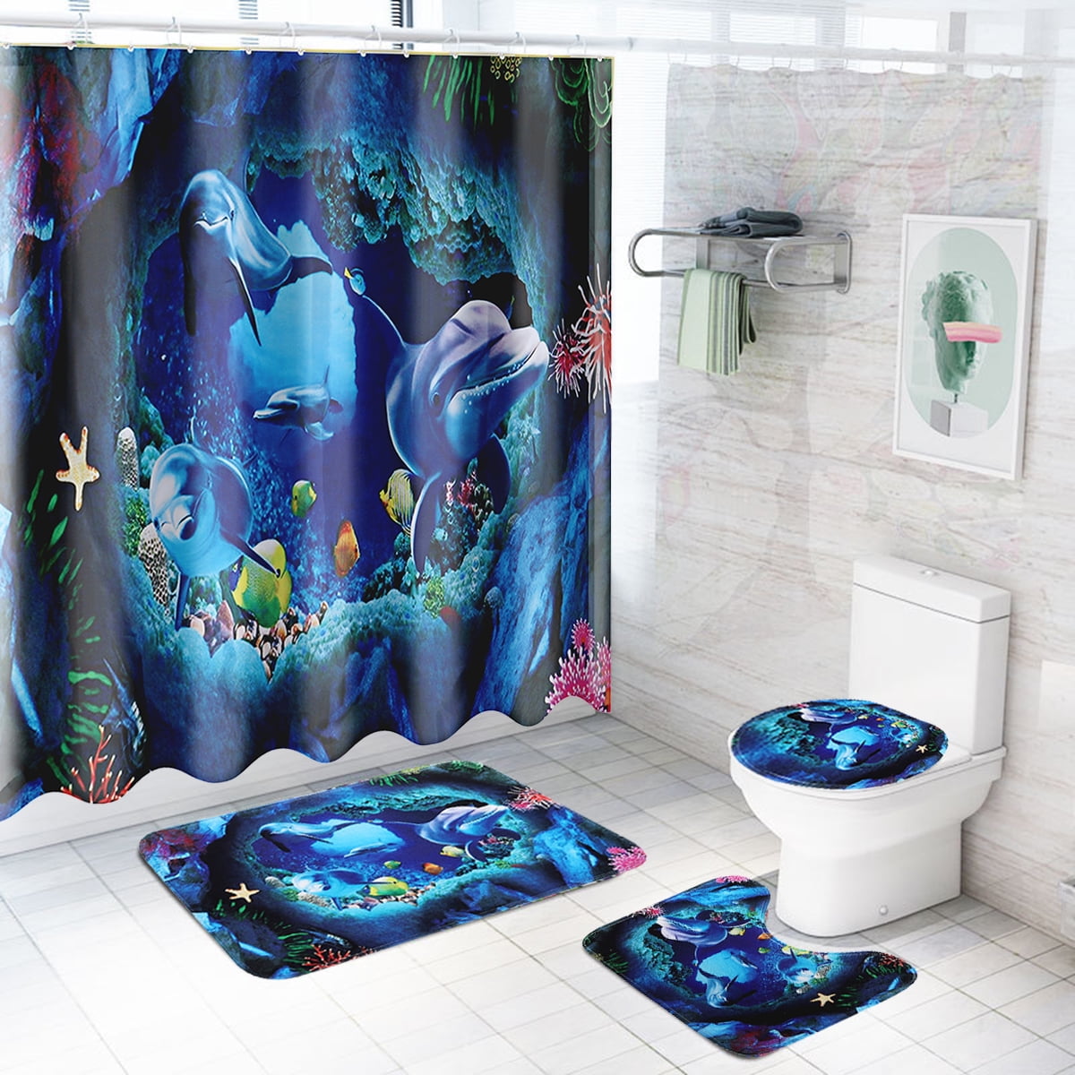 4X Coconut Beach Waterproof Shower Curtain Bathroom Toilet Seat Cover Bath 