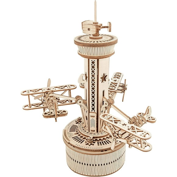 Robotime 3D DIY Wooden Puzzle Music Box DIY Model Kit Craft Kit Brain Teaser Gear Driven (Airplane-Control Tower)