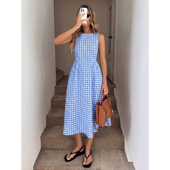 Blue And White Gingham Boat Neck Sleeveless A-Line Midi Dress, Woven Fabric, Relaxed Casual Elegant Style