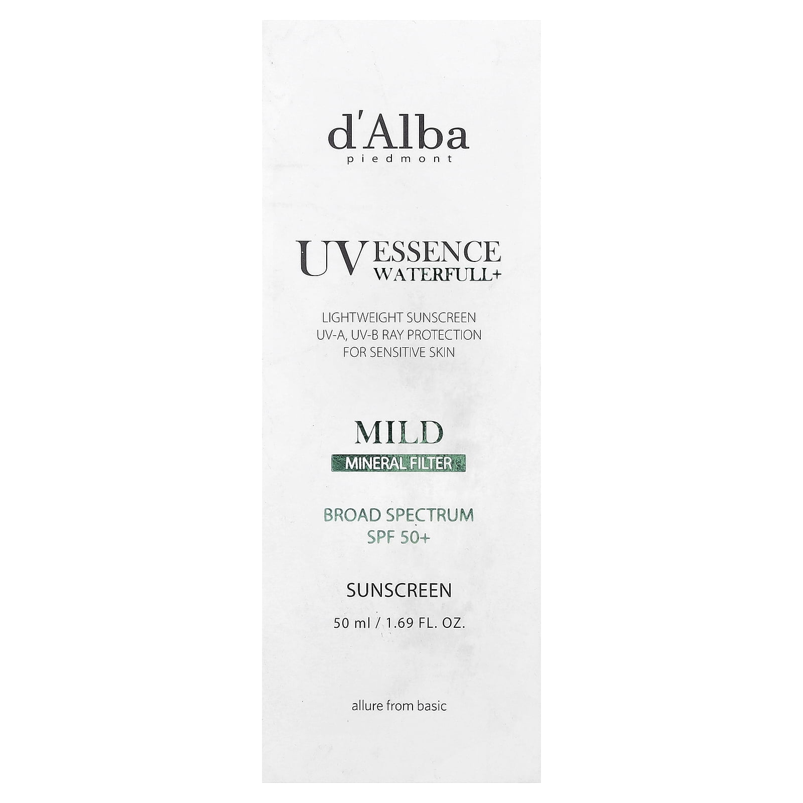 d'Alba UV Essence Waterfull+ Sunscreen, Mild, SPF 50+, 1.69 fl oz (50 ml)