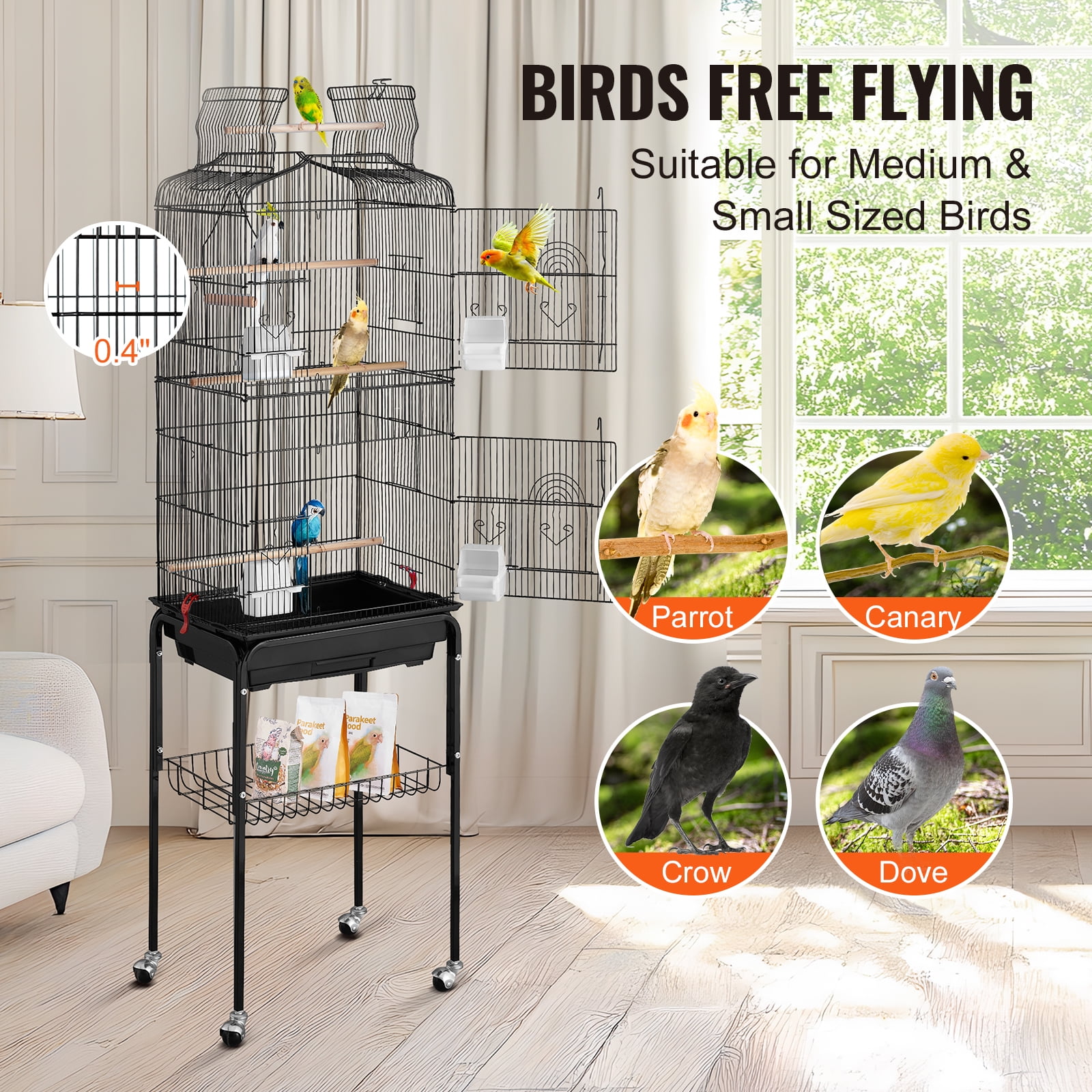 KFFKFF Spacious Bird Enclosure, 62 inches, Uncovered Top Canary Habitat with Mobile Base, Iron Aviary with Detachable Pan, Finch Birdhouse with 4 Roosts, Lovebird and Cockatiel Pet Playhouse