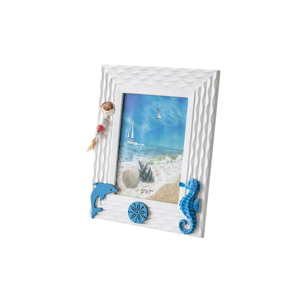 Wooden Ocean Themed Picture Frame With Dolphins Seashells 7 Inch 10.03x8.07in