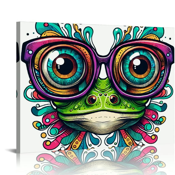 YILUYINQING Colorful Frog with Oversized Glasses Printed Canvas Wall Art for Home Decor, Ready To Hang Room and Office Wall Pictures 16x12in