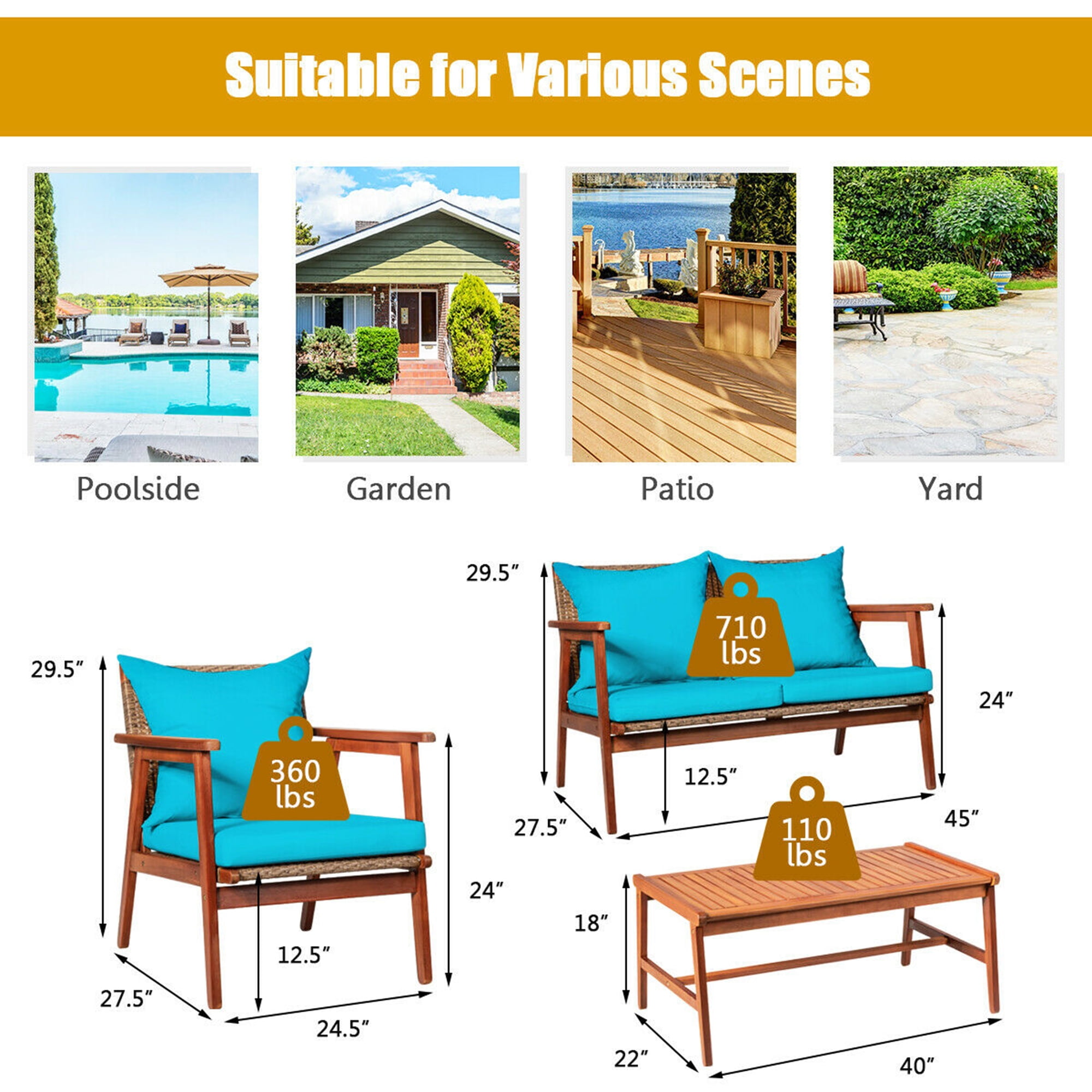 Gymax Fashion 4PCS Patio Conversation Set Wood Frame Furniture Set w/ Turquoise Cushions