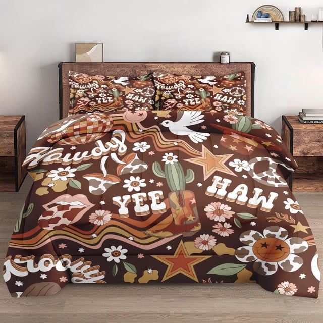 Juego de edredón con funda de almohada, 70S Retro Western Hippie Cowboy Suave juego de cama