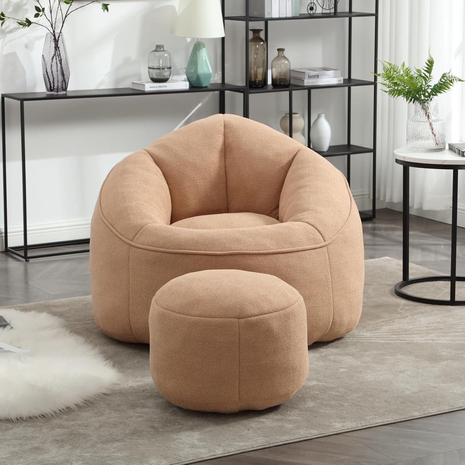Bean Bag Chair for Adult,Microfiber Upholstered Sofa with Footstool Shell-Shaped Memory Foam Stuffed Lazy Sofa