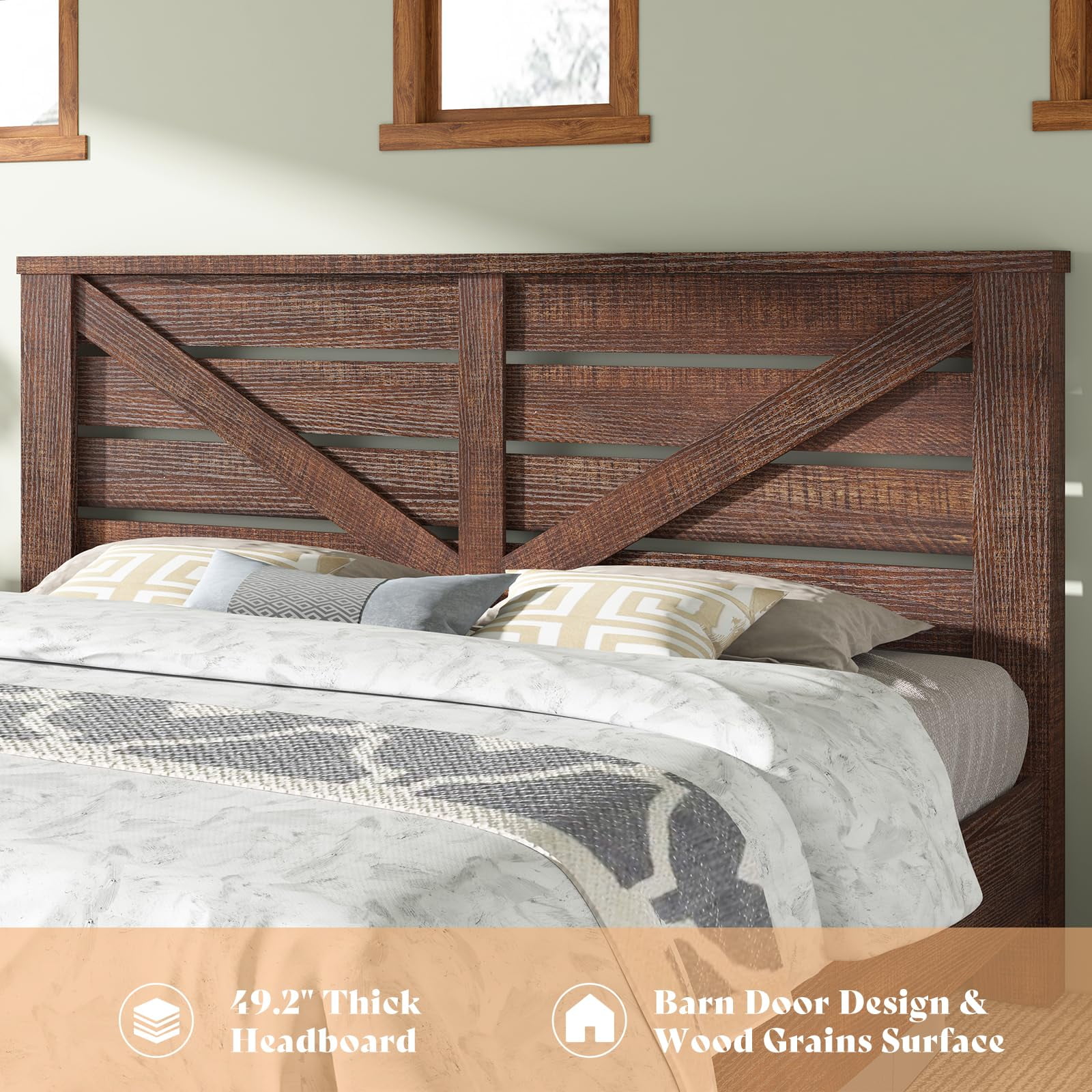 LUXOAK King Size Farmhouse Bed Frame with Rustic Barn Door, Storage Space and Wood Slats, Brown