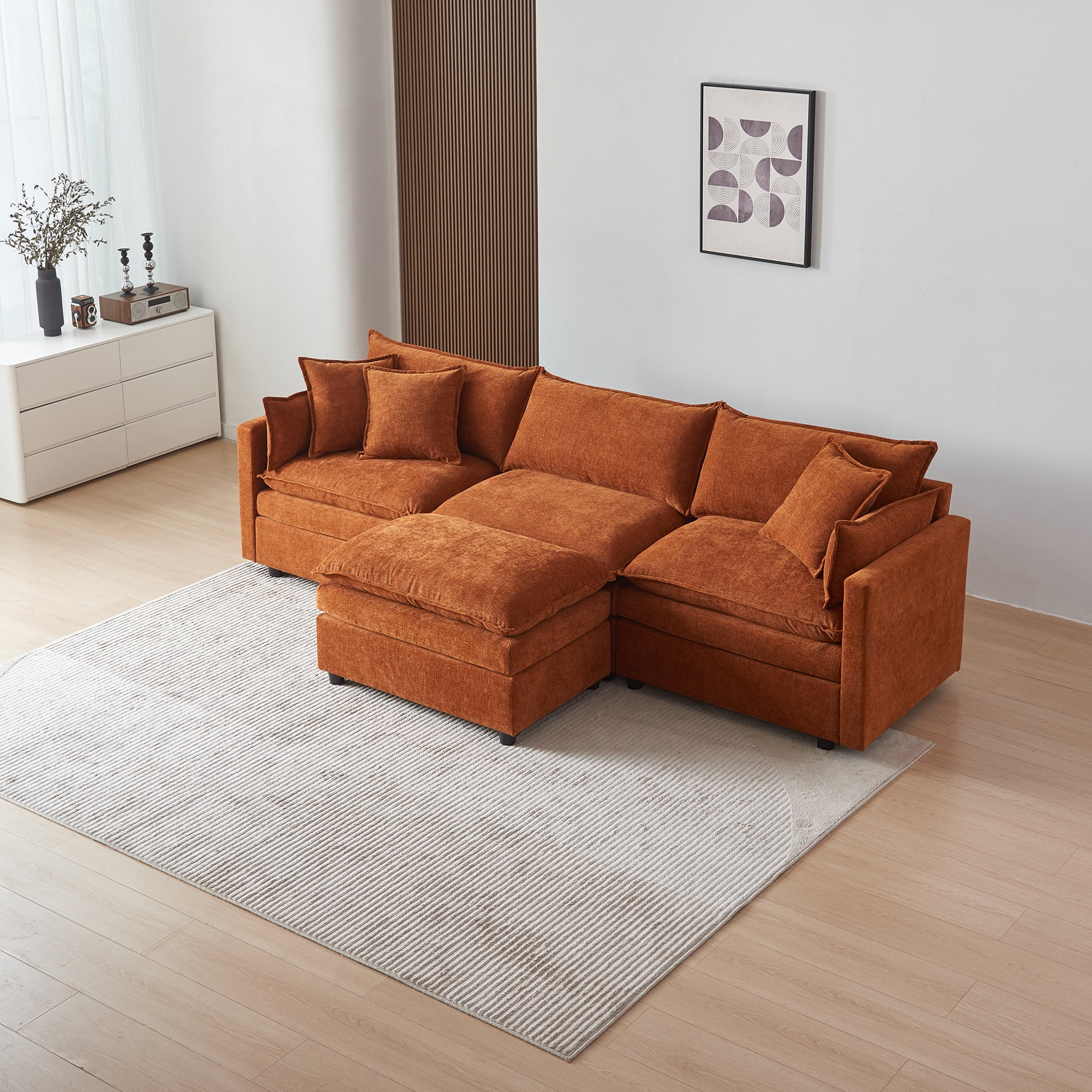 MAYEERTY Modular L-Shaped Sectional Sofa with Ottoman, Chenille Fabric Sofa Couch, Comfy Upholstered Furniture for Living Room，Orange