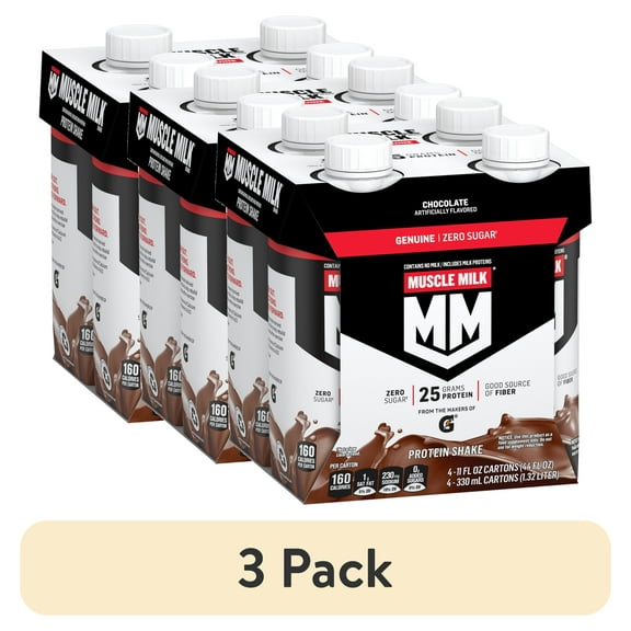 (3 pack) Muscle Milk Genuine Protein Shake, Chocolate, 11 fl oz Carton, 4 Pk