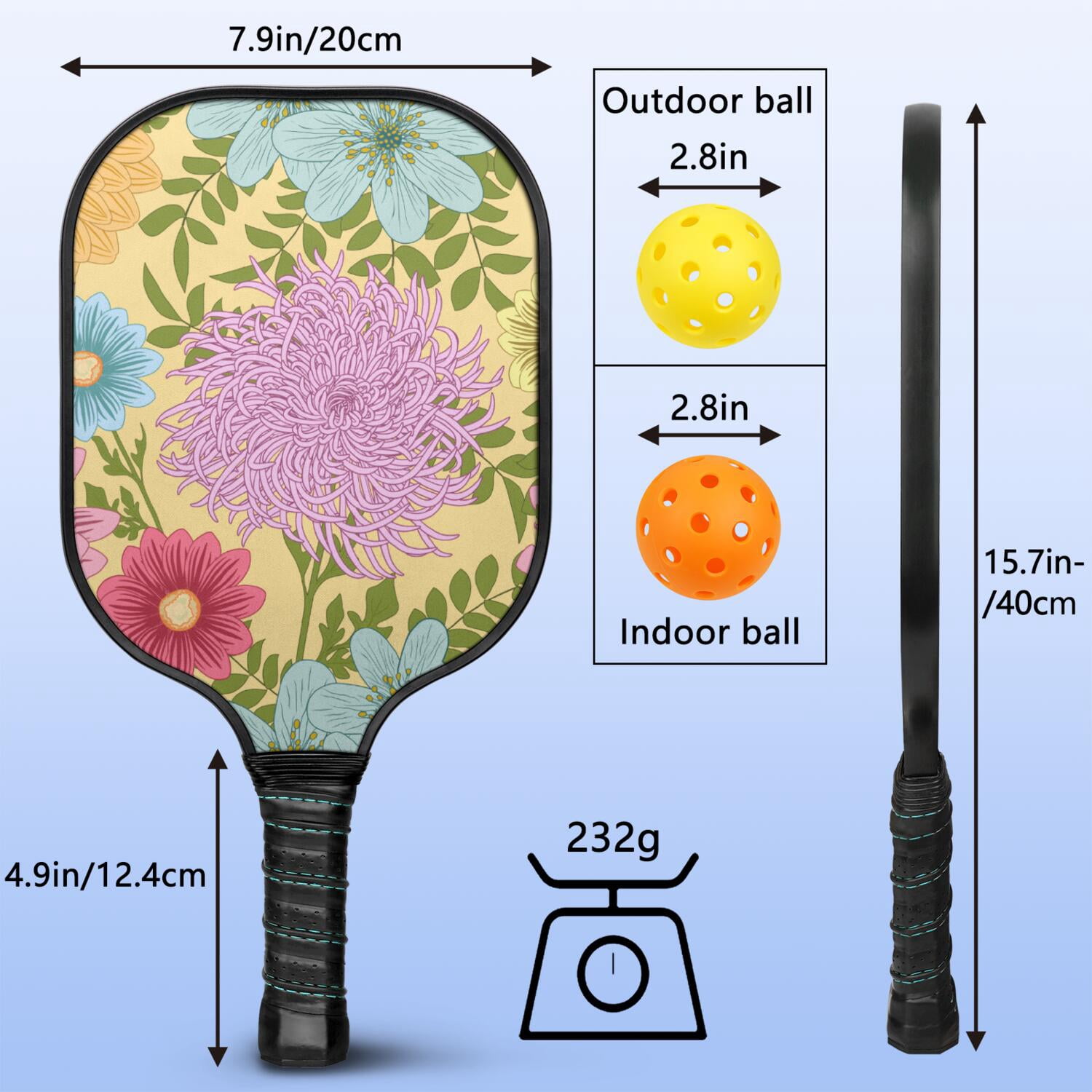 Pickleball Paddles Set Of 1, Fiberglass Surface, Vintage Floral Print, 1 Paddle, 2 Balls & Bag