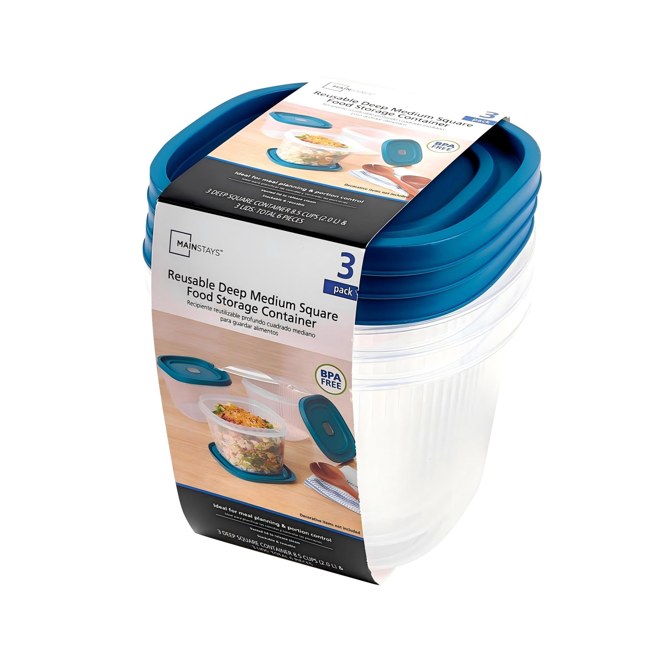 (2 pack) Mainstays Reusable Food Storage Containers, Deep Medium Square, Plastic, 3 Pack with Lids, 8.5 Cups
