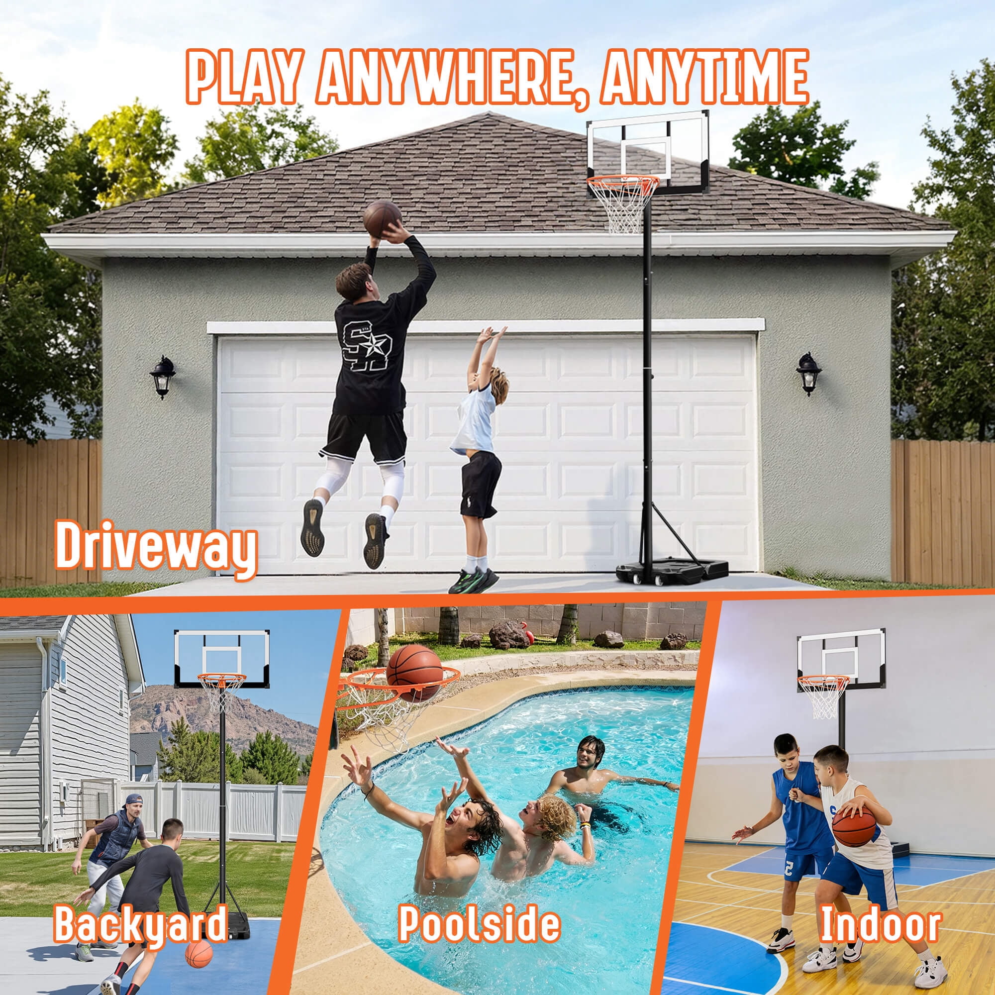 SERAY Adjustable Basketball Hoop for Kids, Teens & Adults, 3.3 to 10 feet Height, 40 inch Backboard, Portable with 2 Wheels, Indoor/Outdoor Use