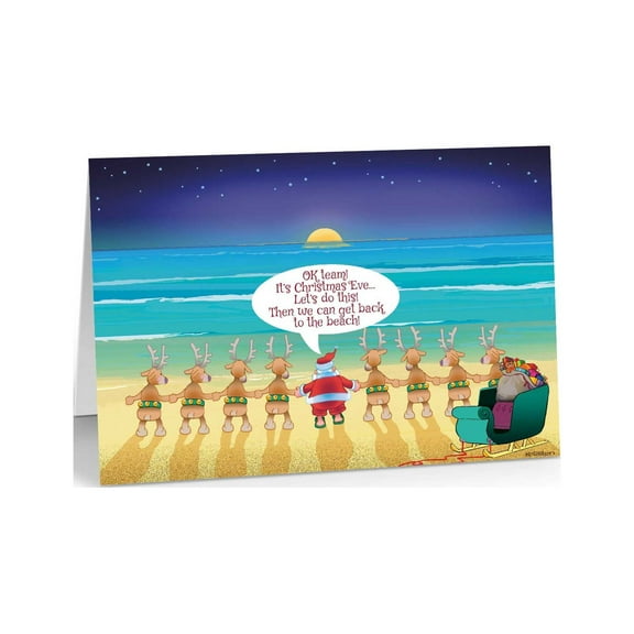 Santa & Reindeer Beach Gathering - 18 Fun Christmas Cards & Envelopes - 30088