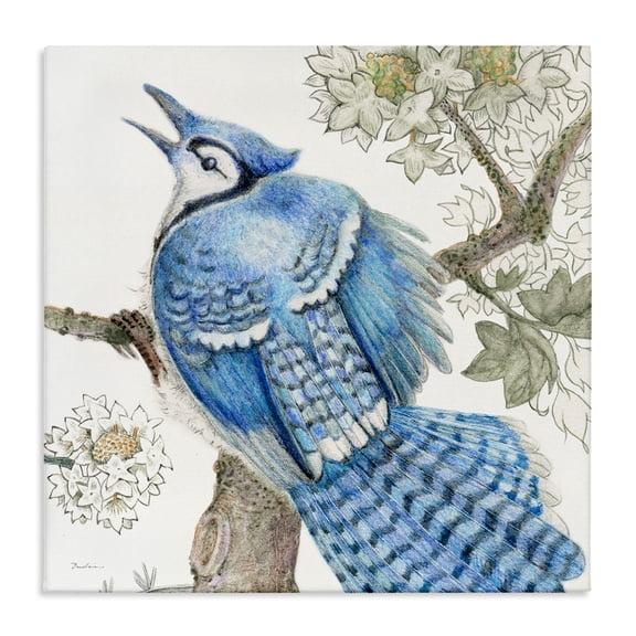 Stupell Industries Rhododendron & Blue Jay Animals Painting Wrapped Canvas Art Print Wall Art, 17 x 17