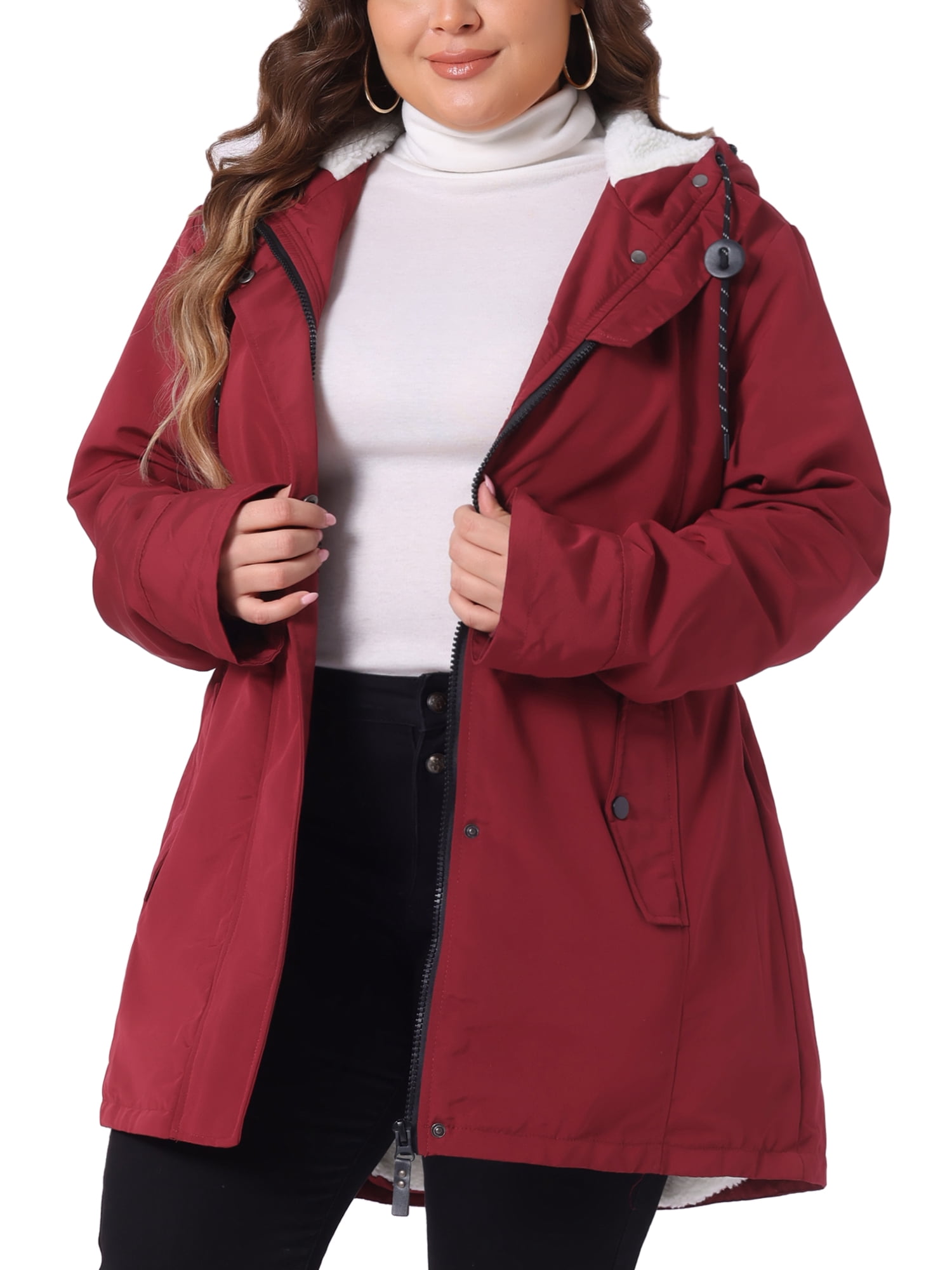 DARING DIVA Women's Plus Size Faux Lamb Fur Leather Button Down Hoodie Coat 1X Burgundy