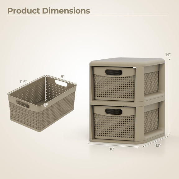 Costway 1 PCS 2-Drawer Cabinet with Wicker Patterns, Handles for Bedroom, Bathroom Tan