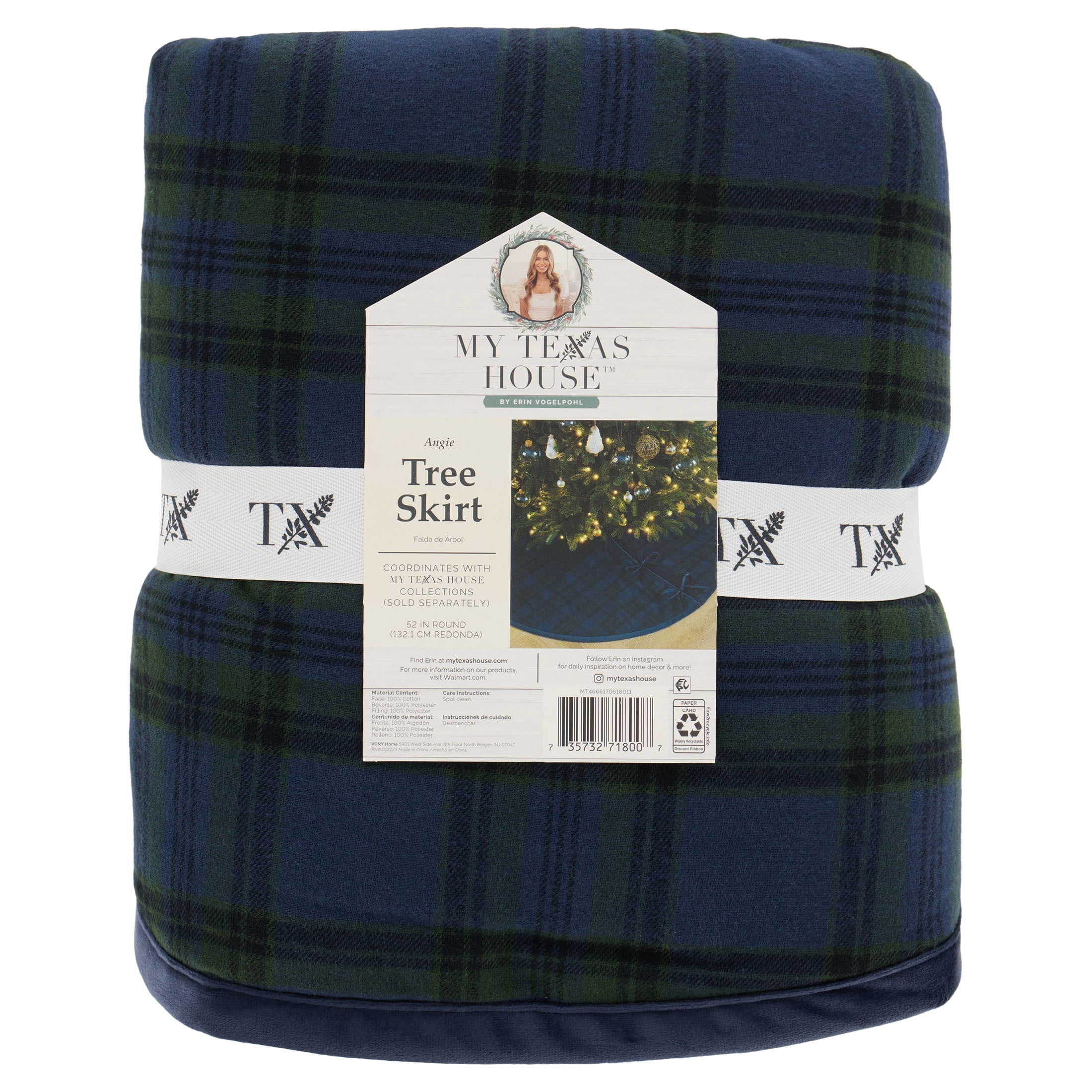 My Texas House Angie Plaid Christmas Tree Skirt, Blue, 52"