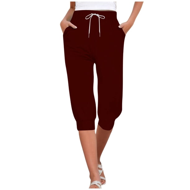 Pantalones capri casuales de color liso y cintura alta para mujer - Poliéster, diseño con cordón, ajuste cómodo, tallas S-XXL, adecuados para todas las ocasiones
