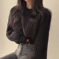 thumbnail image 6 of Autumn Winter Knitting Tops Round Neck Puff Long Sleeve Solid Color Loose Fit Casual Top Ribbed Trim Pullover Sweater, 6 of 8