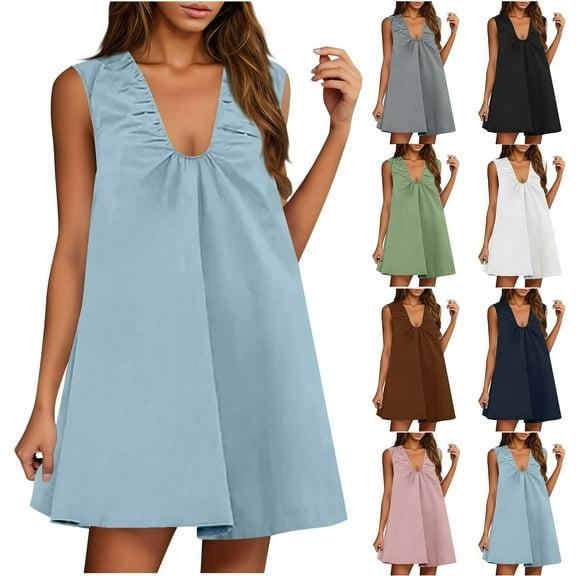 Yourumao Women Summer Mini Dresses Sleeveless Scoop Neck Tank Dress Pleated Loose Flowy Short Dresses Solid Babydoll Sundress for Cocktail Party