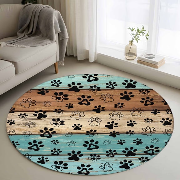 Light Blue Dog Paws Round Rugs 3.3ft, Farmhouse Vintage Modern Blue Brown Wood Non Slip Washable Rug Runner, Low Pile Indoor Floor Carpet Mat Bathroom Rugs for Living Room, Bedroom, Kids Room