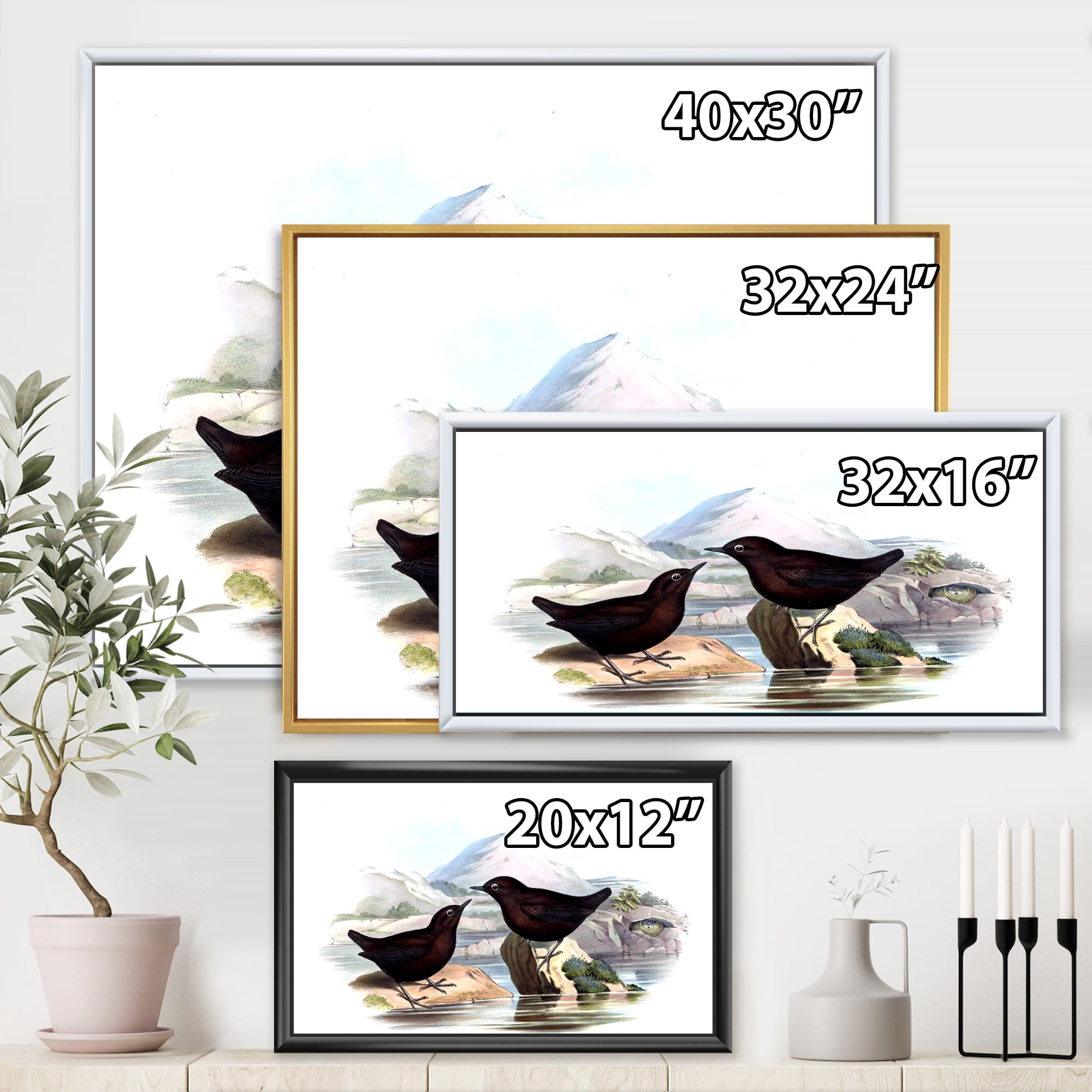 Designart 'Vintage Countryside Two Birds' Farmhouse Framed Canvas Wall Art Print