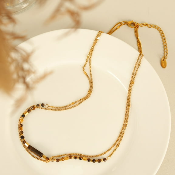 PISONIC Handcrafted Double Layered Tiger's Eye Stone Necklace, Chain Necklace Jewelry For Women